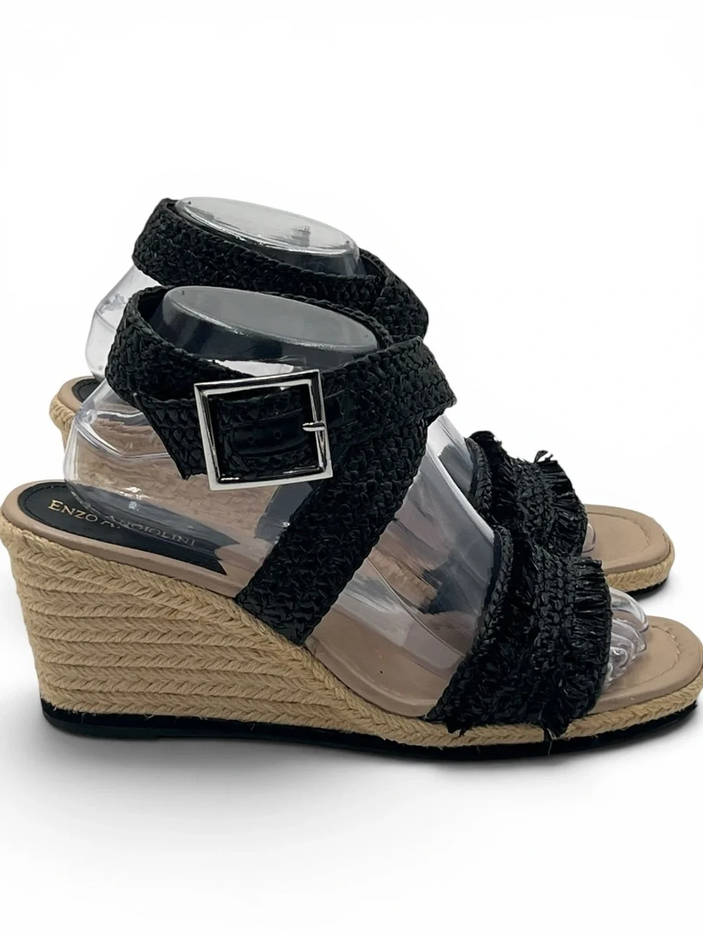Enzo Angiolini Porcie2 Raffia Espadrille Wedge Sandals Black Ankle Strap Size 9
